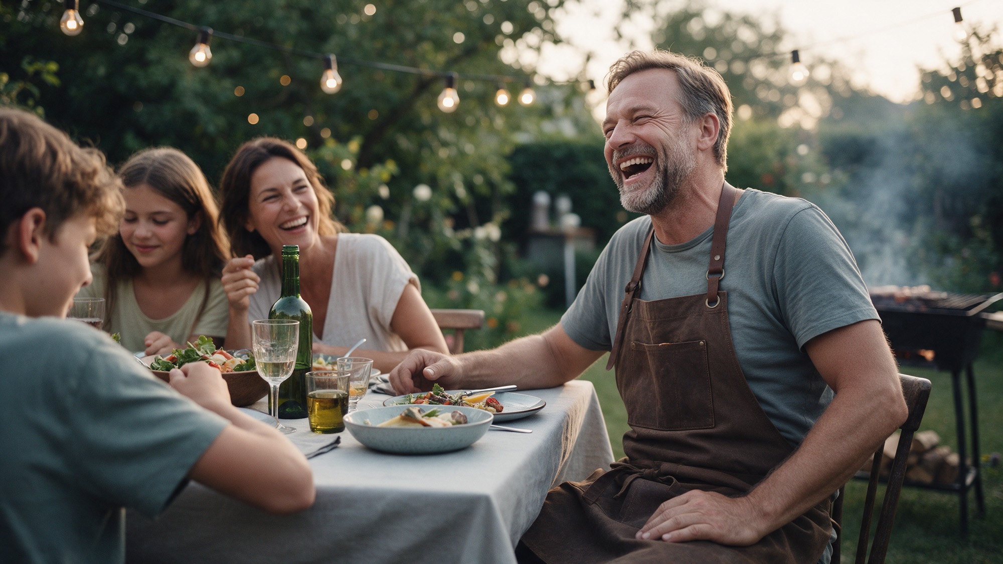 Der Inhaber lachend mit seiner Familie beim Abendessen im Garten