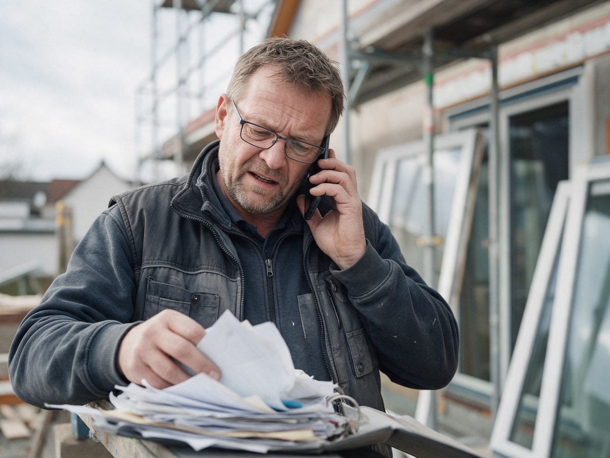 Handwerker auf der Baustelle telefoniert und sucht dabei in einer Mappe voller Zettel